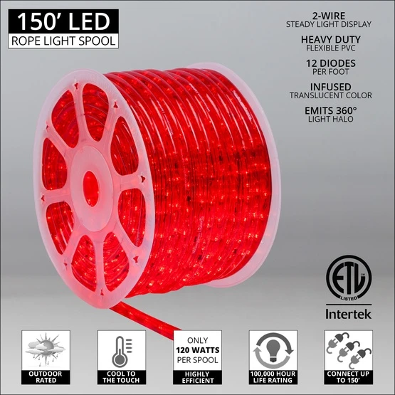 150' Red LED Rope Light, 2 Wire 1/2", 120 Volt 4 150' Red LED Rope Light, 2 Wire 1/2", 120 Volt - Image 2