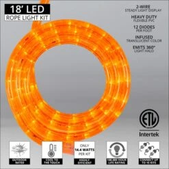 18' Orange LED Rope Light, 2 Wire 1/2, 120 Volt -Xmas Lights Store 18ft LED Orange Rope Light Kit Features ETL