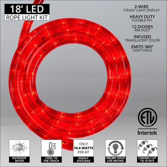 18' Red LED Rope Light, 2 Wire 1/2", 120 Volt 4 18' Red LED Rope Light, 2 Wire 1/2", 120 Volt - Image 2