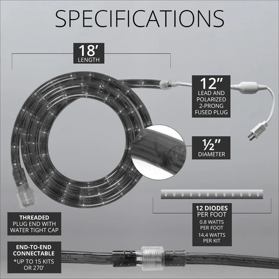 18' Cool White LED Rope Light, 2 Wire 1/2", 120 Volt 6 18' Cool White LED Rope Light, 2 Wire 1/2", 120 Volt - Image 4