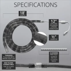 18' Warm White LED Rope Light, 2 Wire 1/2", 120 Volt -Xmas Lights Store 18ft LED Rope Light Kit Specifications