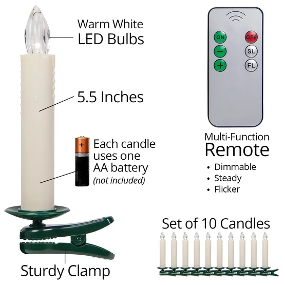 5.5" Dimmable LED Christmas Tree Candles With Remote, Set Of 10 4 5.5" Dimmable LED Christmas Tree Candles With Remote, Set Of 10 - Image 2