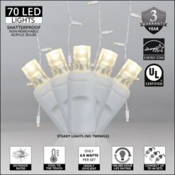 5mm Warm White LED Icicle Lights 7 Ft. Lighted Length, 70 Lights -Xmas Lights Store 5MM WW led icicle lights feature graphic