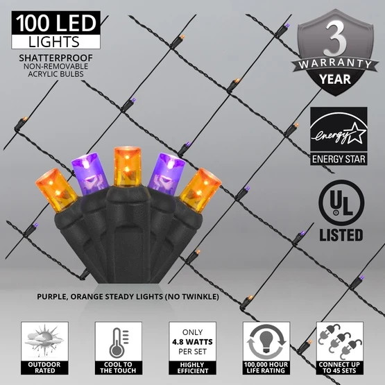 Purple, Orange 5mm LED Halloween Net Lights, Black Wire 100 Lights, 4' X 6' Net 5 Purple, Orange 5mm LED Halloween Net Lights, Black Wire 100 Lights, 4' X 6' Net - Image 3