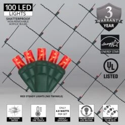 5mm Red LED Net Lights, Green Wire 100 Lights, 4' X 6' Net 10 5mm Red LED Net Lights, Green Wire 100 Lights, 4' X 6' Net -Xmas Lights Store 5mm 4x6 Net Red BadgeSpecs