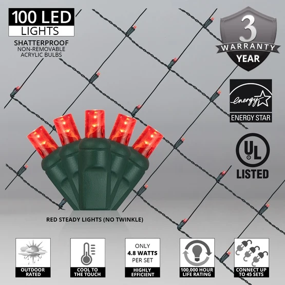 5mm Red LED Net Lights, Green Wire 100 Lights, 4' X 6' Net 5 5mm Red LED Net Lights, Green Wire 100 Lights, 4' X 6' Net - Image 3