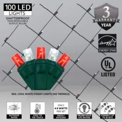5mm Red, Cool White LED Net Lights, Green Wire 100 Lights, 4' X 6' Net 9 5mm Red, Cool White LED Net Lights, Green Wire 100 Lights, 4' X 6' Net -Xmas Lights Store 5mm 4x6 Net Red Cool White BadgeSpecs