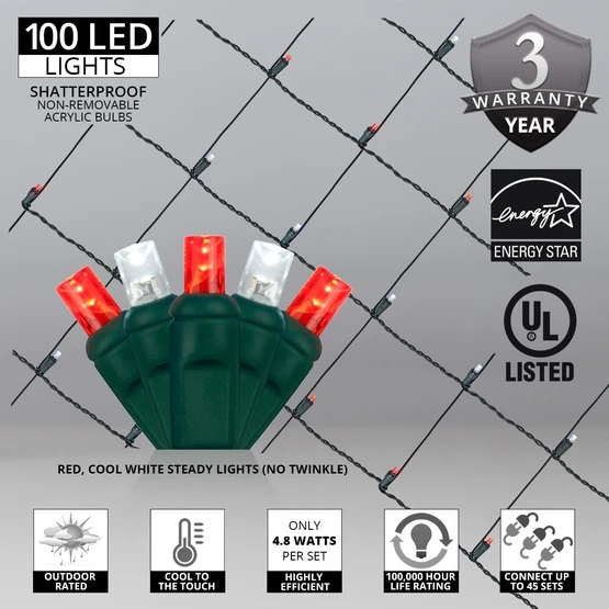 5mm Red, Cool White LED Net Lights, Green Wire 100 Lights, 4' X 6' Net 5 5mm Red, Cool White LED Net Lights, Green Wire 100 Lights, 4' X 6' Net - Image 3