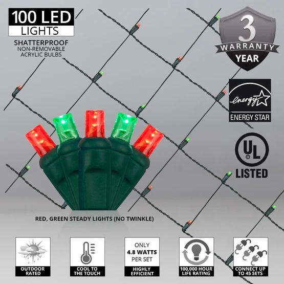 5mm Red, Green LED Net Lights, Green Wire 100 Lights, 4' X 6' Net 5 5mm Red, Green LED Net Lights, Green Wire 100 Lights, 4' X 6' Net - Image 3