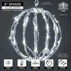 Cool White LED Christmas Light Ball, Fold Flat White Frame -Xmas Lights Store 8in 5MM CW Fold Flat Sphere Features