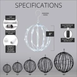Cool White LED Christmas Light Ball, Fold Flat White Frame -Xmas Lights Store 8in 5MM CW White Wire Fold Flat Sphere Specs