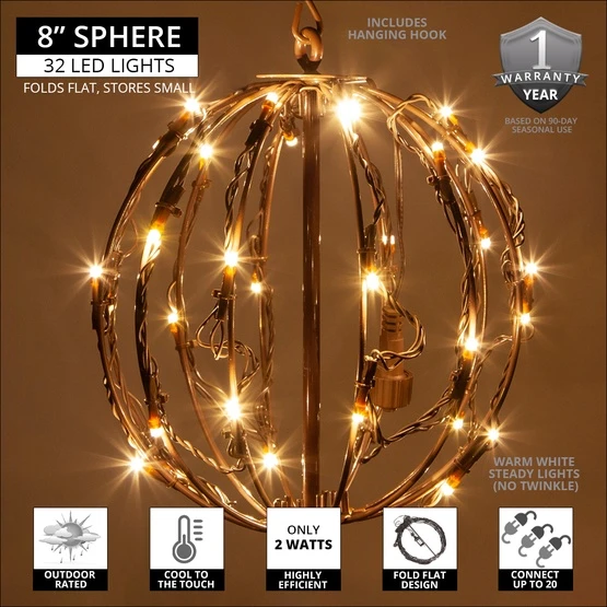 Warm White LED Christmas Light Ball, Fold Flat Brown Frame 5 Warm White LED Christmas Light Ball, Fold Flat Brown Frame - Image 3