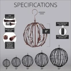 Warm White LED Christmas Light Ball, Fold Flat Brown Frame 11 Warm White LED Christmas Light Ball, Fold Flat Brown Frame -Xmas Lights Store 8in 5MM WW Brown Wire Fold Flat Sphere Specs