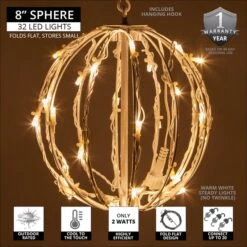 Warm White LED Christmas Light Ball, Fold Flat White Frame -Xmas Lights Store 8in 5MM WW White Frame Fold Flat Sphere Features