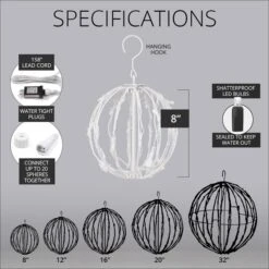 Warm White LED Christmas Light Ball, Fold Flat White Frame -Xmas Lights Store 8in 5MM WW White Wire Fold Flat Sphere Specs