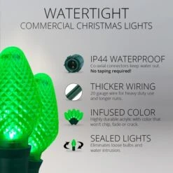 Commercial C7 Green LED Christmas Lights 25 Lights, 13 Feet -Xmas Lights Store C7 40324 GREEN GW Feature02 1