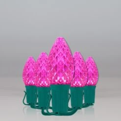 C7 Pink OptiCore Commercial LED Christmas String Lights -Xmas Lights Store C7 Faceted OptiCore LED Christmas Light Set Pink Green Wire Feed