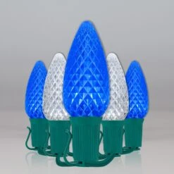 C9 Blue / Cool White OptiCore Commercial LED Christmas String Lights -Xmas Lights Store C9 Faceted OptiCore LED Christmas Light Set Blue Cool White Green Wire Feed