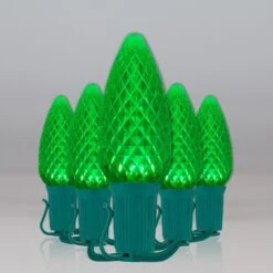 C9 Green OptiCore Commercial LED Christmas String Lights -Xmas Lights Store C9 Faceted OptiCore LED Christmas Light Set Green Green Wire Feed