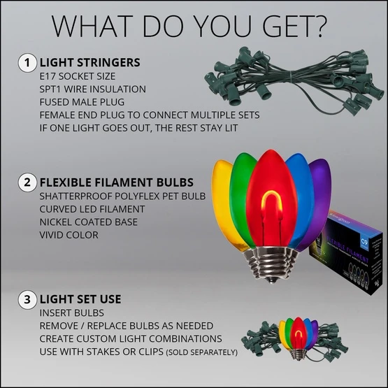 C9 Multicolor FlexFilament Commercial LED Shatterproof Vintage Christmas String Lights 8 C9 Multicolor FlexFilament Commercial LED Shatterproof Vintage Christmas String Lights - Image 6