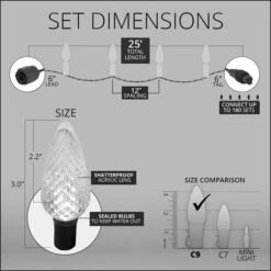Commercial Green C9 LED Christmas Lights 25 Lights, 25 Feet -Xmas Lights Store C9 Set Dimensions 6 12 6 60 5