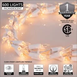 18' Garland Lights, 600 Clear Lamps, White Wire -Xmas Lights Store Clear Garland Lights White Wire Badges