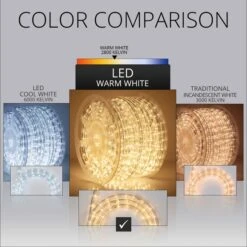 150' Warm White LED Rope Light, 2 Wire 1/2", 120 Volt -Xmas Lights Store Color Comparison RL WW graphic
