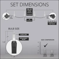 Commercial 150 Multi Color Christmas Mini Lights, 6" Spacing, Green Wire 11 Commercial 150 Multi Color Christmas Mini Lights, 6" Spacing, Green Wire -Xmas Lights Store Comm 150 Mini Lights 75ft 6 6 6 7 NoLampLock Dimensions