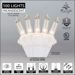 Commercial 100 Clear Christmas Mini Lights, 6" Spacing, White Wire -Xmas Lights Store Comm Clear 100 Mini Lights White Wire Feature Graphic