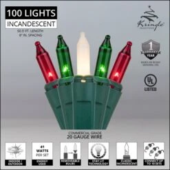 Commercial 100 Red, Green, White Frost Christmas Mini Lights, 6" Spacing, Green Wire -Xmas Lights Store Comm Green Red White 100 Mini Lights NoLampLock Feature Graphic