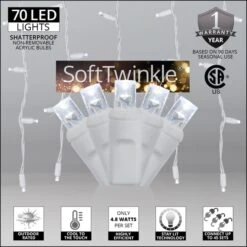 5mm Cool White SoftTwinkle LED Icicle Lights 7 Ft. Lighted Length, 70 Lights -Xmas Lights Store Cool White SoftTwinkle Icicle Features