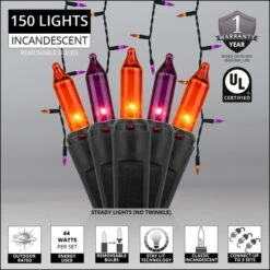 Orange, Purple Halloween Icicle Lights, Black Wire 8.5 Ft. Lighted Length, 150 Lights 12 Orange, Purple Halloween Icicle Lights, Black Wire 8.5 Ft. Lighted Length, 150 Lights -Xmas Lights Store INCAN PURPLE ORANGE icicle lights feature graphic