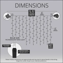 Clear Curtain Lights, White Wire 5.5 Ft. Lighted Length, 150 Lights -Xmas Lights Store Incandescent Curtain Lights Dimensions