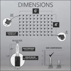 M5 Multicolor LED Net Lights, Green Wire 100 Lights, 4' X 6' Net 12 M5 Multicolor LED Net Lights, Green Wire 100 Lights, 4' X 6' Net -Xmas Lights Store M5 Max 45 4x6 Net Lights Dimensions