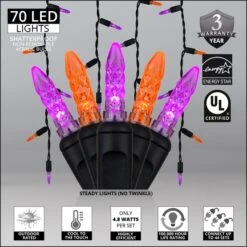 M5 Amber, Purple Halloween LED Icicle Lights, Black Wire 7 Ft. Lighted Length, 70 Lights -Xmas Lights Store M5 PURPLE ORANGE led icicle lights feature graphic