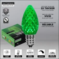 C7 Green OptiCore Commercial LED Christmas String Lights -Xmas Lights Store Opticore C7 faceted green LED bulb features badges