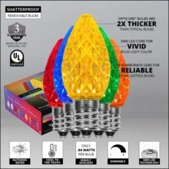 C7 Multicolor OptiCore Commercial LED Christmas String Lights -Xmas Lights Store Opticore C7 faceted multicolor LED bulb features badges