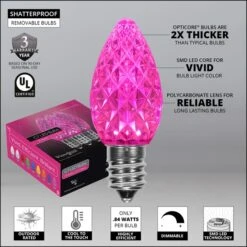C7 Pink OptiCore Commercial LED Christmas String Lights -Xmas Lights Store Opticore C7 faceted pink LED bulb features badges 1