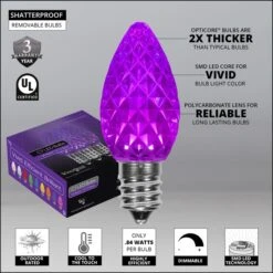 C7 Purple OptiCore Commercial LED Christmas String Lights -Xmas Lights Store Opticore C7 faceted purple LED bulb features badges 2