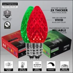 C7 Green / Red OptiCore Commercial LED Christmas String Lights -Xmas Lights Store Opticore C7 faceted red green LED bulb features badges