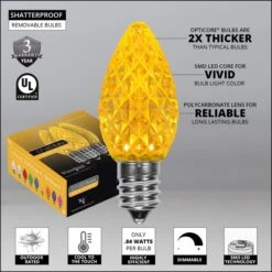 C7 Gold OptiCore Commercial LED Christmas String Lights 12 C7 Gold OptiCore Commercial LED Christmas String Lights -Xmas Lights Store Opticore C7 faceted yellow LED bulb features badges