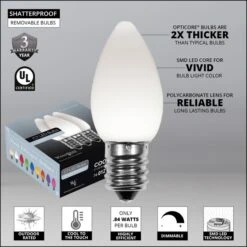 C7 Cool White Smooth OptiCore Commercial LED Christmas String Lights -Xmas Lights Store Opticore C7 smooth CW LED bulb features badges 1