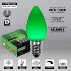 C7 Green Smooth OptiCore Commercial LED Christmas String Lights -Xmas Lights Store Opticore C7 smooth green LED bulb features badges
