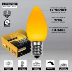 C7 Gold Smooth OptiCore Commercial LED Christmas String Lights -Xmas Lights Store Opticore C7 smooth yellow LED bulb features badges