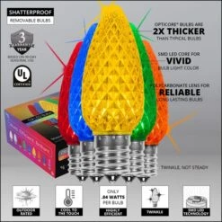 C9 Multicolor Twinkle OptiCore Commercial LED Christmas String Lights -Xmas Lights Store Opticore C9 faceted Multi twinkle LED bulb features badges