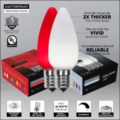C9 Cool White / Red Smooth OptiCore Commercial LED Christmas String Lights 12 C9 Cool White / Red Smooth OptiCore Commercial LED Christmas String Lights -Xmas Lights Store Opticore C9 smooth CW red LED bulb features badges