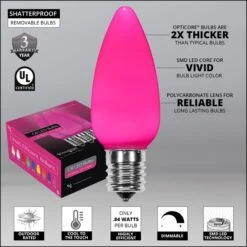 C9 Pink Smooth OptiCore Commercial LED Christmas String Lights -Xmas Lights Store Opticore C9 smooth pink LED bulb features badges