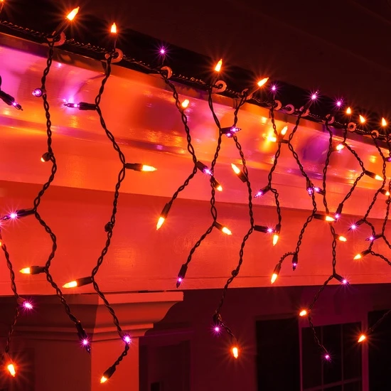 Orange, Purple Halloween Icicle Lights, Black Wire 8.5 Ft. Lighted Length, 150 Lights 3 Orange, Purple Halloween Icicle Lights, Black Wire 8.5 Ft. Lighted Length, 150 Lights