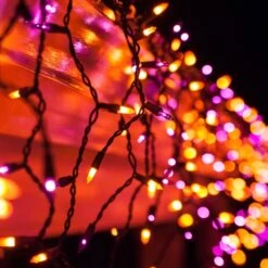 Orange, Purple Halloween Icicle Lights, Black Wire 8.5 Ft. Lighted Length, 150 Lights 14 Orange, Purple Halloween Icicle Lights, Black Wire 8.5 Ft. Lighted Length, 150 Lights -Xmas Lights Store Purple Orange Halloween Themed Mini Icicle Lights 2552