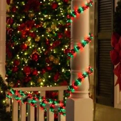 9' Garland Lights, 300 Red/Green Lamps, Green Wire -Xmas Lights Store Red Green Garland Lights Green Wire porch 8632